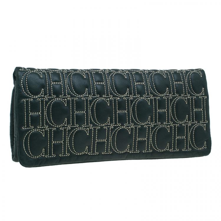 Pre Owned Carolina Herrera Olive Monogram Leather Jerry Clutch