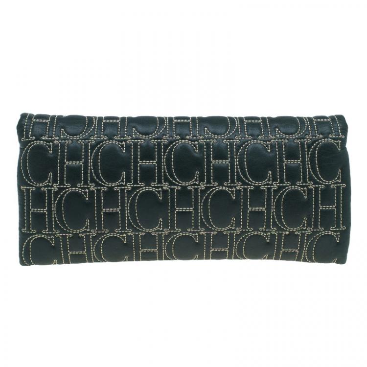 Pre Owned Carolina Herrera Olive Monogram Leather Jerry Clutch