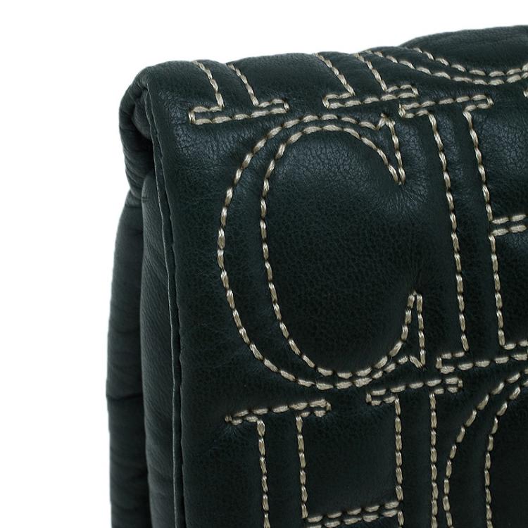 Pre Owned Carolina Herrera Olive Monogram Leather Jerry Clutch