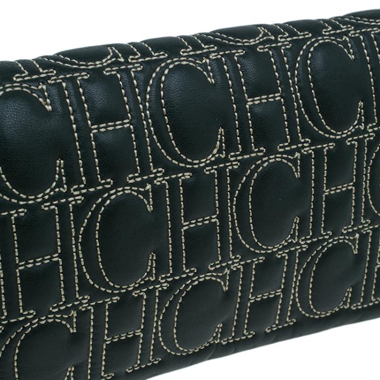 Pre Owned Carolina Herrera Olive Monogram Leather Jerry Clutch