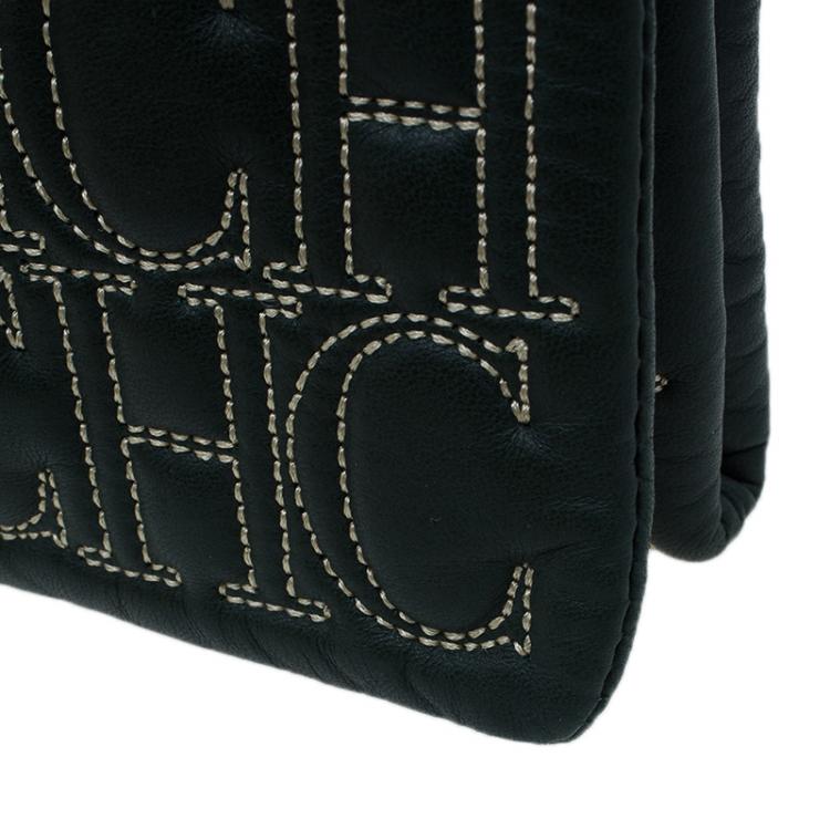 Pre Owned Carolina Herrera Olive Monogram Leather Jerry Clutch