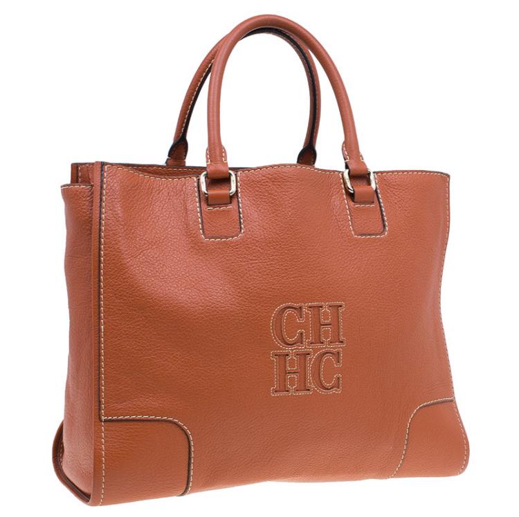 Pre Owned Carolina Herrera Orange Leather Tote Bag 