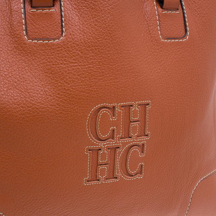 Pre Owned Carolina Herrera Orange Leather Tote Bag 
