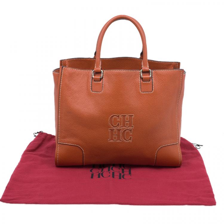 Pre Owned Carolina Herrera Orange Leather Tote Bag 