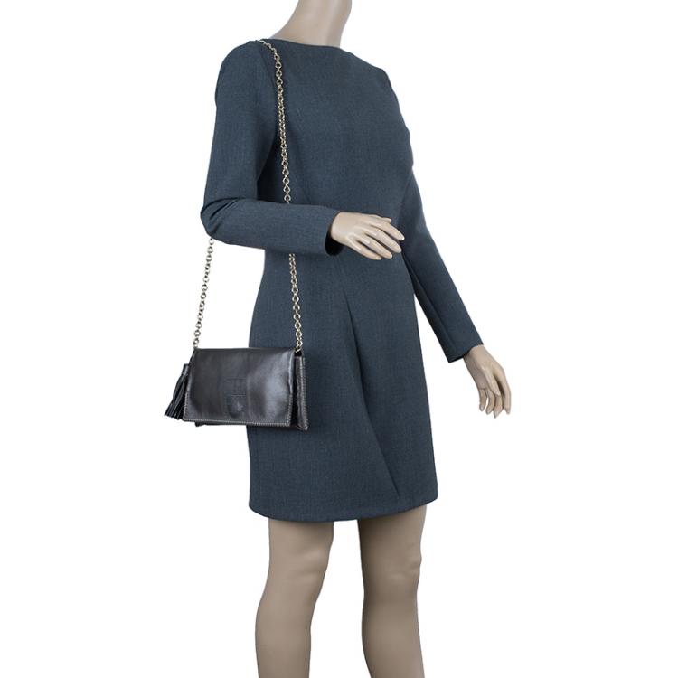 Pre Owned Carolina Herrera Metallic Dark Grey Leather Triana Chain Clutch 