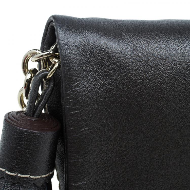 Pre Owned Carolina Herrera Metallic Dark Grey Leather Triana Chain Clutch 