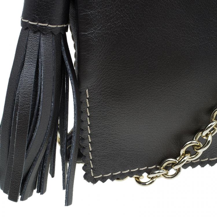 Pre Owned Carolina Herrera Metallic Dark Grey Leather Triana Chain Clutch 