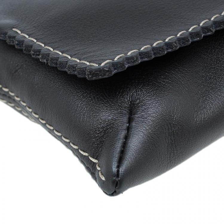 Pre Owned Carolina Herrera Metallic Dark Grey Leather Triana Chain Clutch 