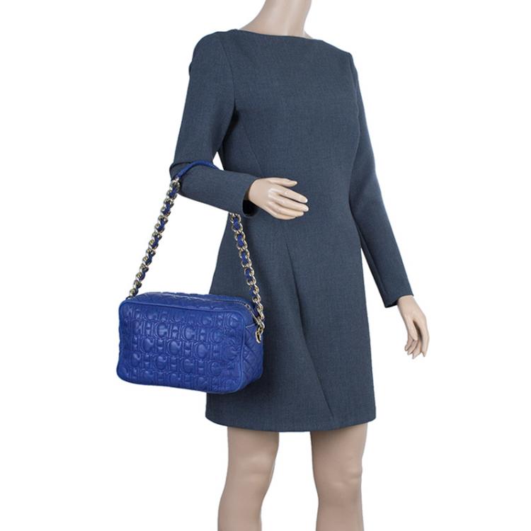 Pre Owned Carolina Herrera Blue Monogram Leather Shoulder Bag