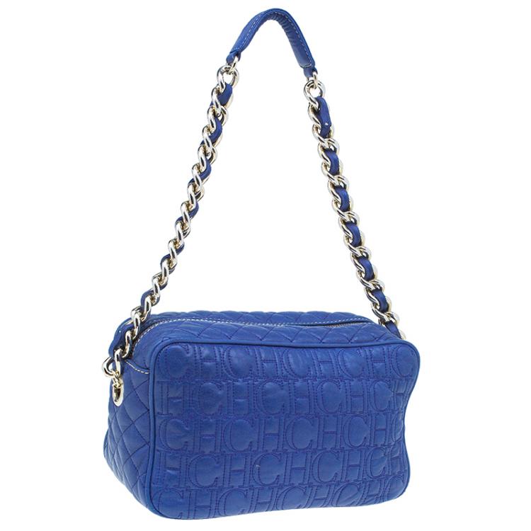 Pre Owned Carolina Herrera Blue Monogram Leather Shoulder Bag
