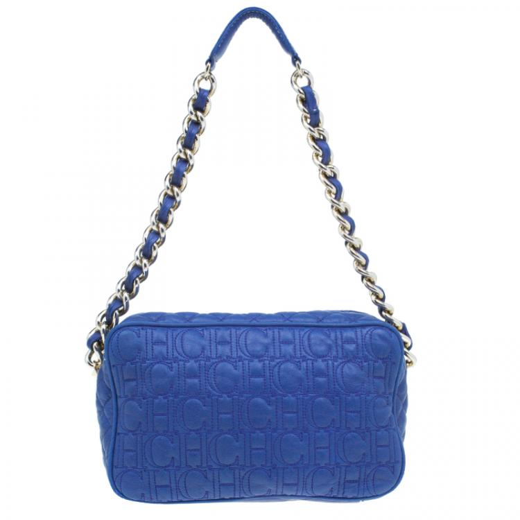 Pre Owned Carolina Herrera Blue Monogram Leather Shoulder Bag