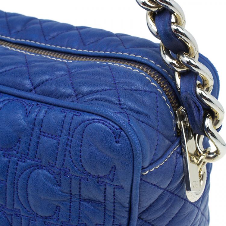 Pre Owned Carolina Herrera Blue Monogram Leather Shoulder Bag