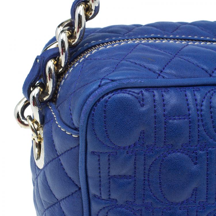 Pre Owned Carolina Herrera Blue Monogram Leather Shoulder Bag