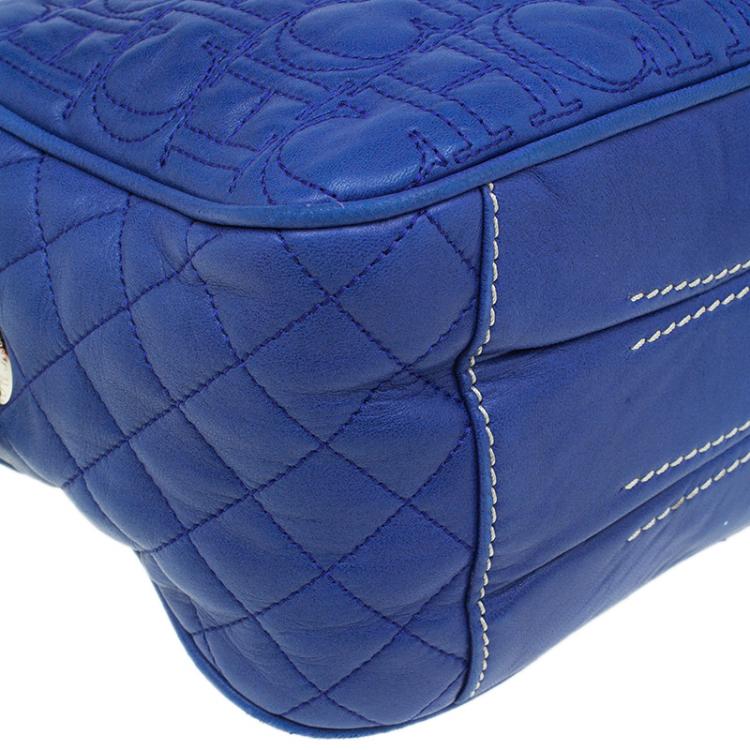 Pre Owned Carolina Herrera Blue Monogram Leather Shoulder Bag