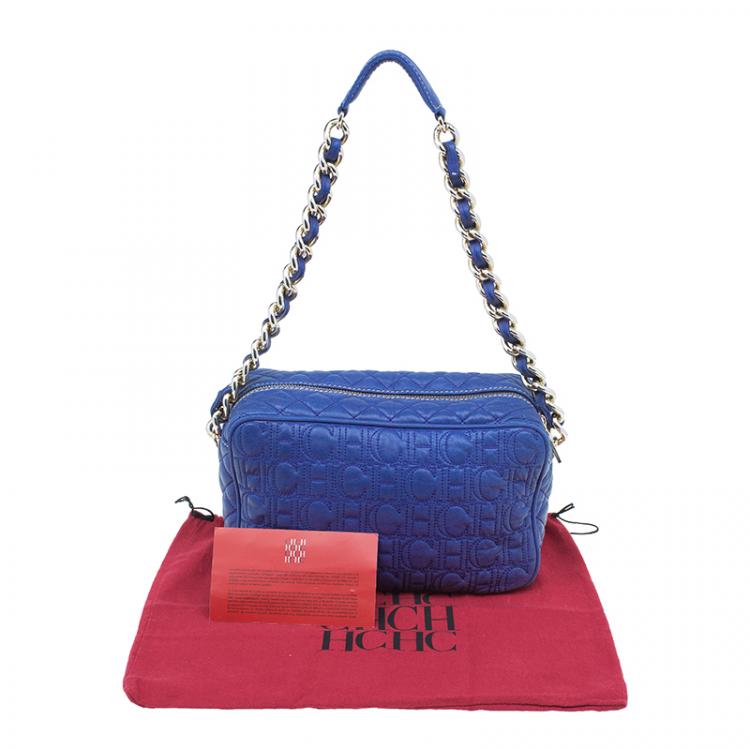 Pre Owned Carolina Herrera Blue Monogram Leather Shoulder Bag