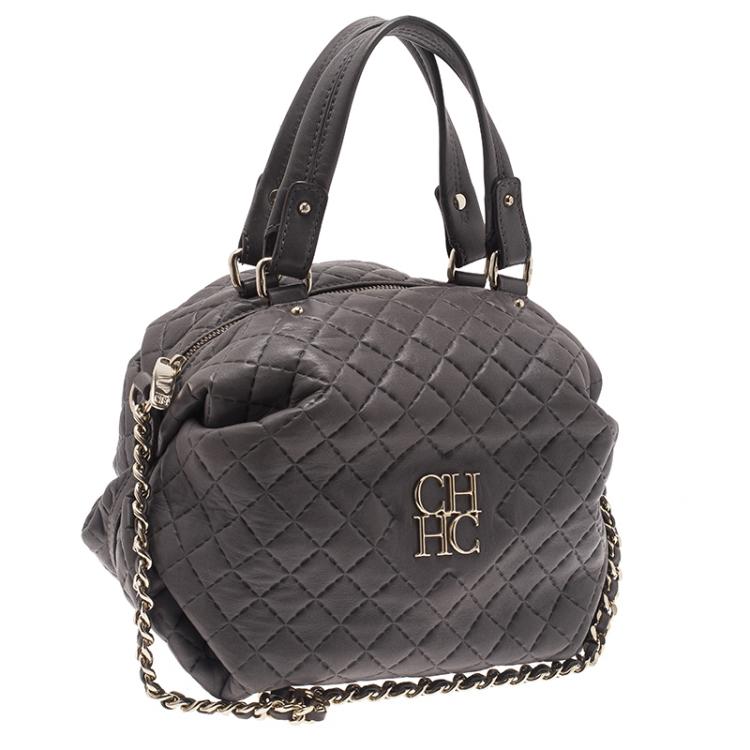 Pre Owned Carolina Herrera Grey Leather Quilted Chain Satchel Bag