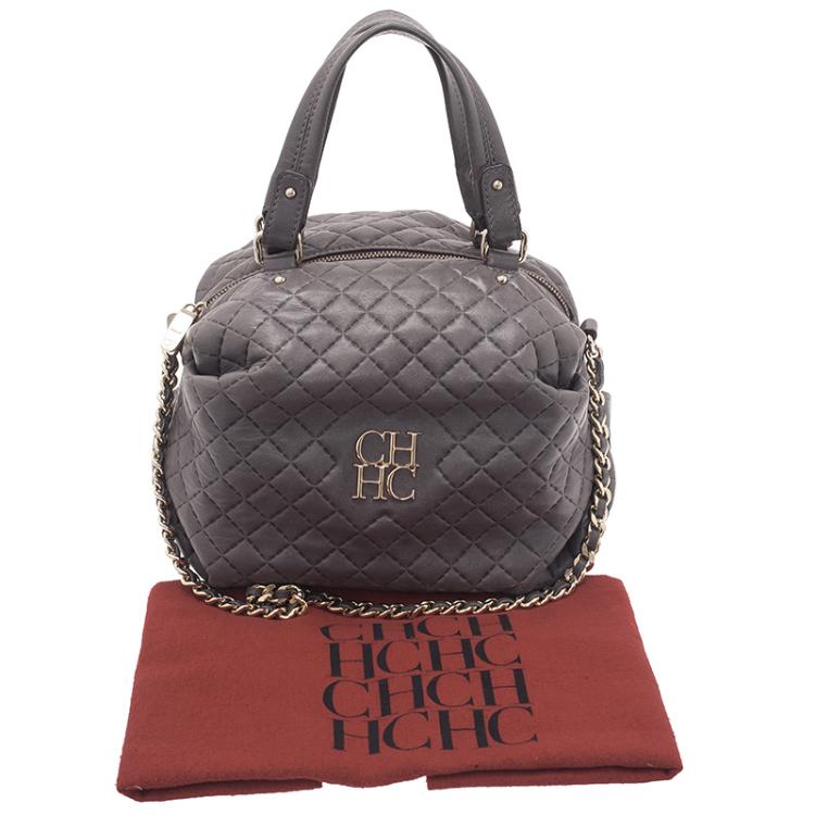 Pre Owned Carolina Herrera Grey Leather Quilted Chain Satchel Bag