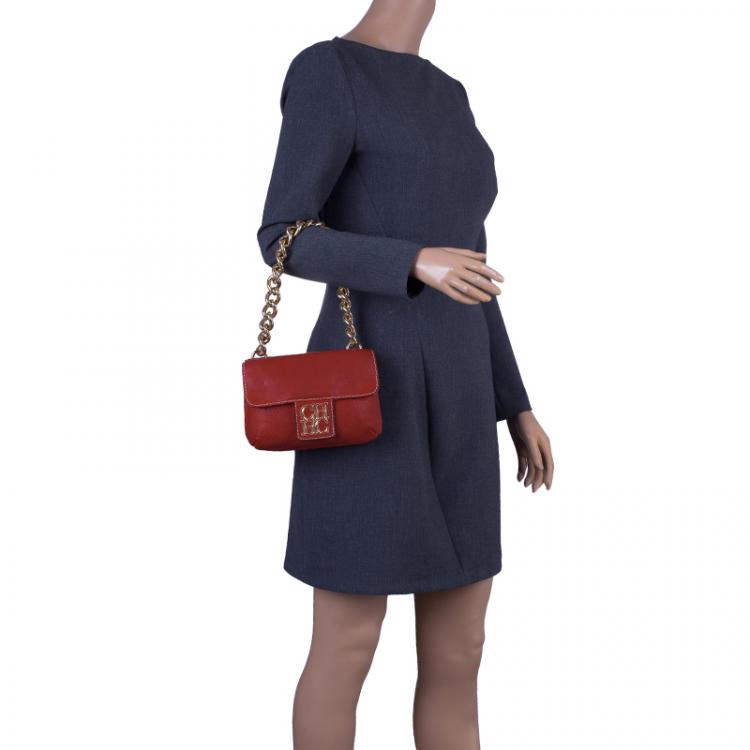 Pre Owned Carolina Herrera Red Leather Double Flap Chain Bag