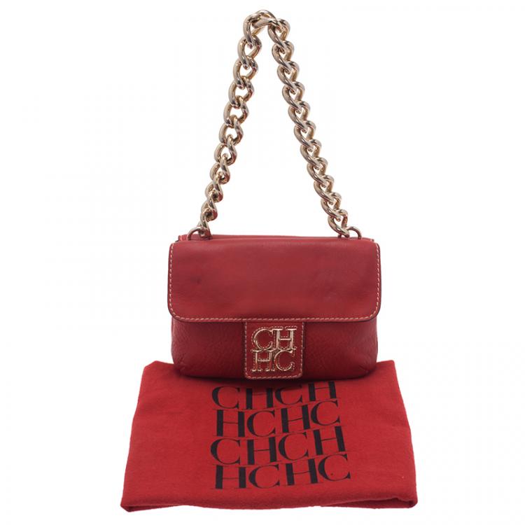 Pre Owned Carolina Herrera Red Leather Double Flap Chain Bag