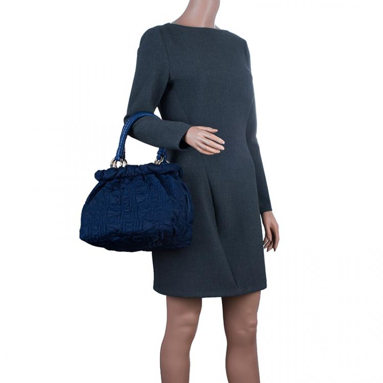 Pre Owned Carolina Herrera Blue Monogram Nylon Pleated Hobo Bag