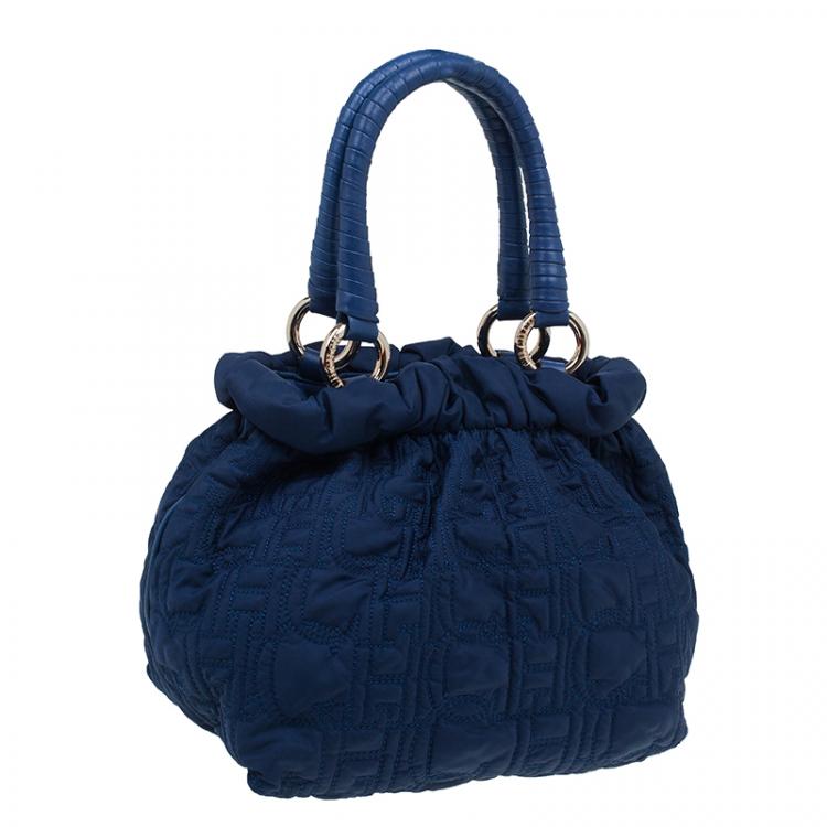 Pre Owned Carolina Herrera Blue Monogram Nylon Pleated Hobo Bag