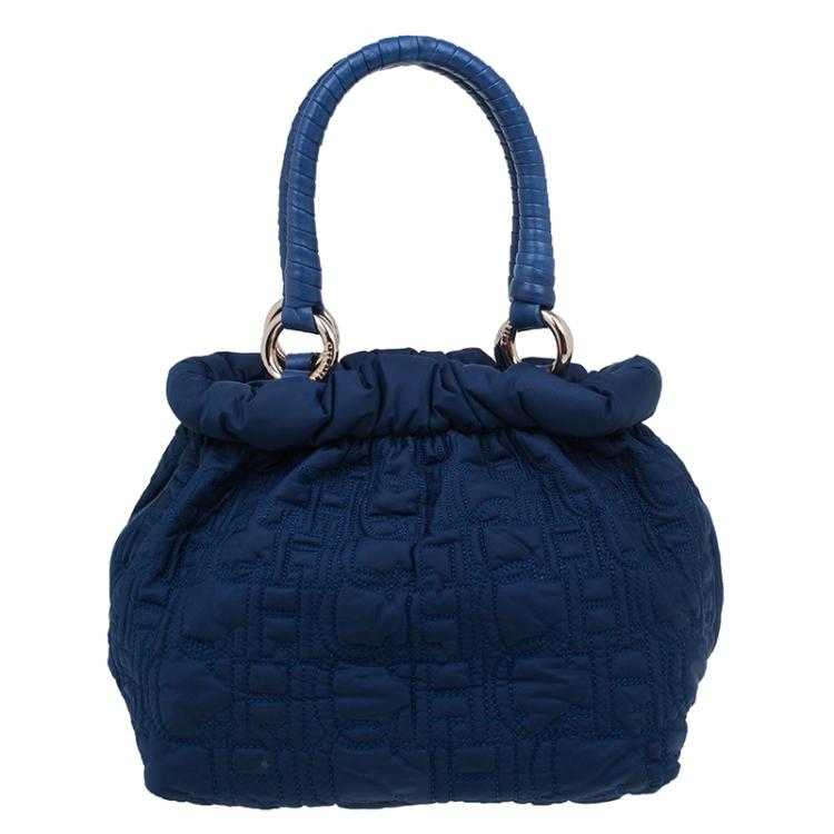 Pre Owned Carolina Herrera Blue Monogram Nylon Pleated Hobo Bag