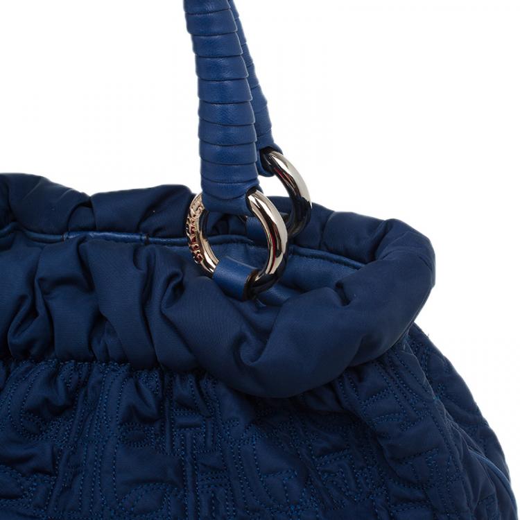Pre Owned Carolina Herrera Blue Monogram Nylon Pleated Hobo Bag