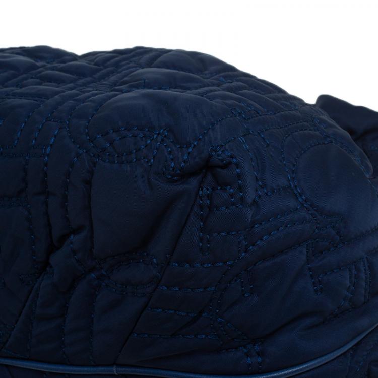 Pre Owned Carolina Herrera Blue Monogram Nylon Pleated Hobo Bag