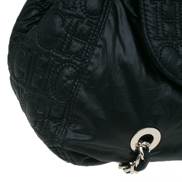Pre Owned Carolina Herrera Black Monogram Nylon Drawstring Flap Bag