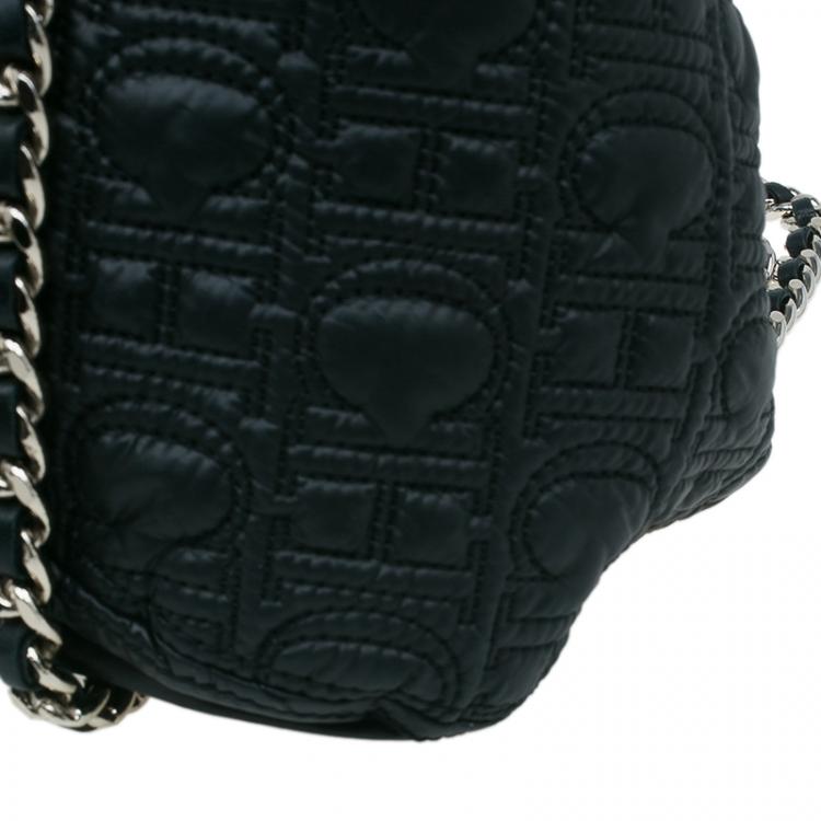 Pre Owned Carolina Herrera Black Monogram Nylon Drawstring Flap Bag