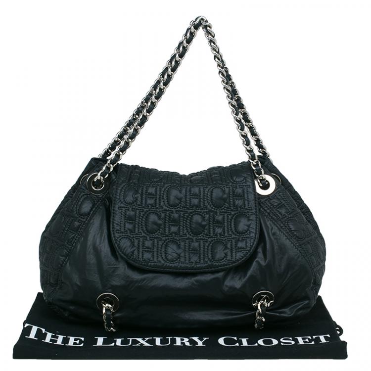 Pre Owned Carolina Herrera Black Monogram Nylon Drawstring Flap Bag