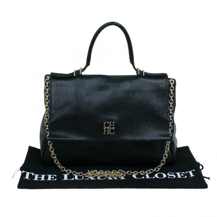 Pre Owned Carolina Herrera Black Leather Minueto Flap Bag