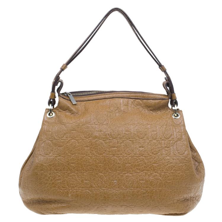 Pre Owned Carolina Herrera Brown Monogram Leather Hobo Bag
