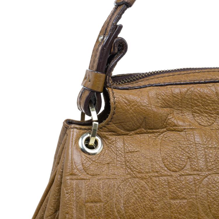 Pre Owned Carolina Herrera Brown Monogram Leather Hobo Bag