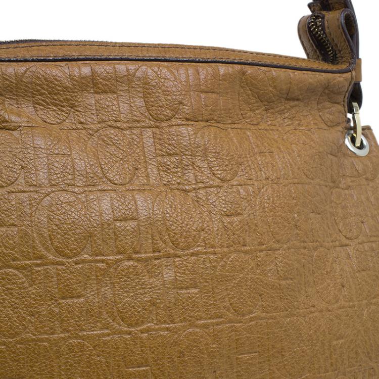 Pre Owned Carolina Herrera Brown Monogram Leather Hobo Bag