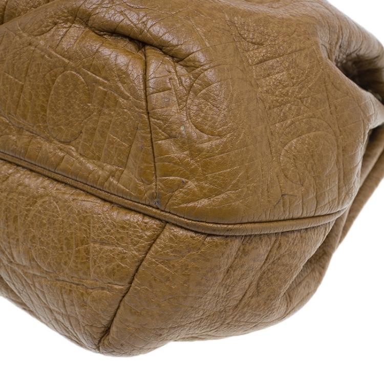 Pre Owned Carolina Herrera Brown Monogram Leather Hobo Bag