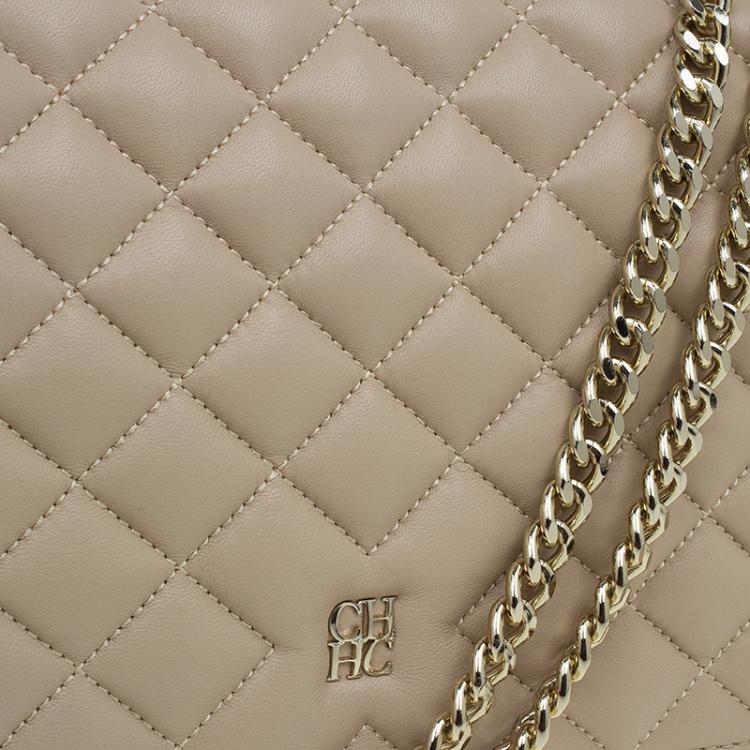Pre Owned Carolina Herrera Cream Quilted Leather Crossbody Bag