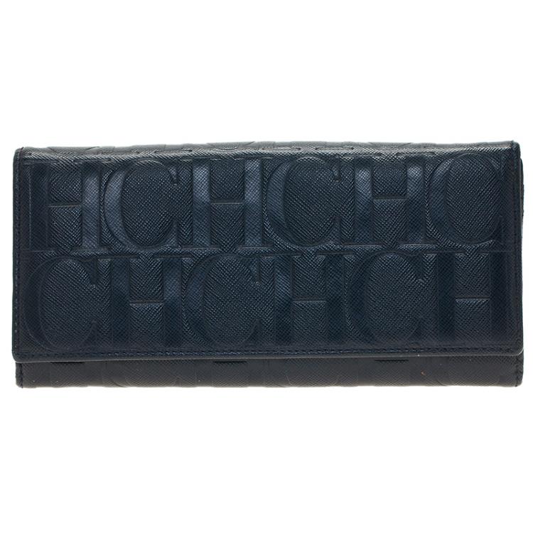 Pre Owned Carolina Herrera Navy Blue Monogram Leather Continental Wallet