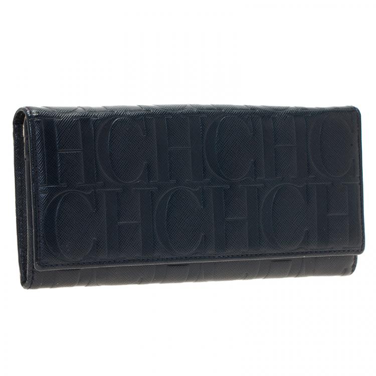 Pre Owned Carolina Herrera Navy Blue Monogram Leather Continental Wallet