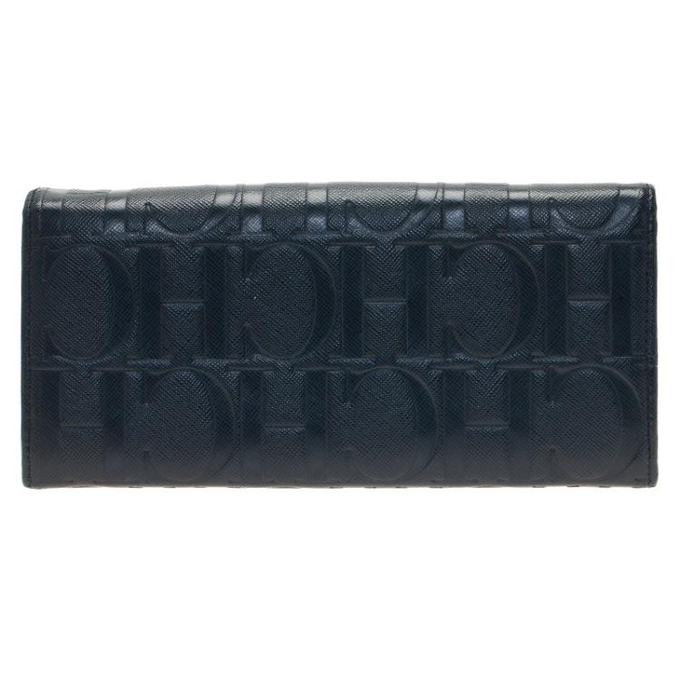 Pre Owned Carolina Herrera Navy Blue Monogram Leather Continental Wallet