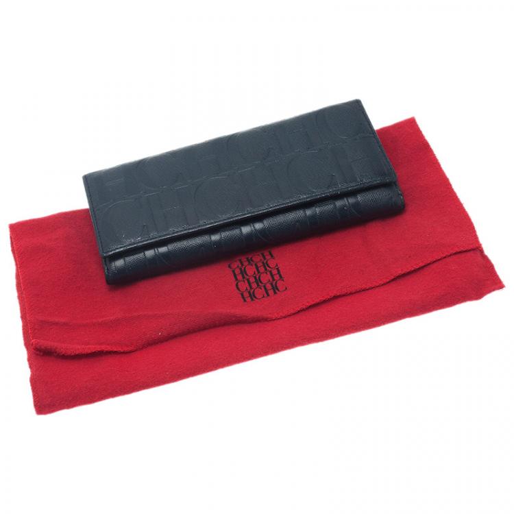 Pre Owned Carolina Herrera Navy Blue Monogram Leather Continental Wallet