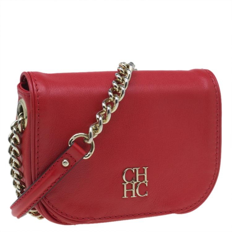 Pre Owned Carolina Herrera Red Leather Crossbody Bag