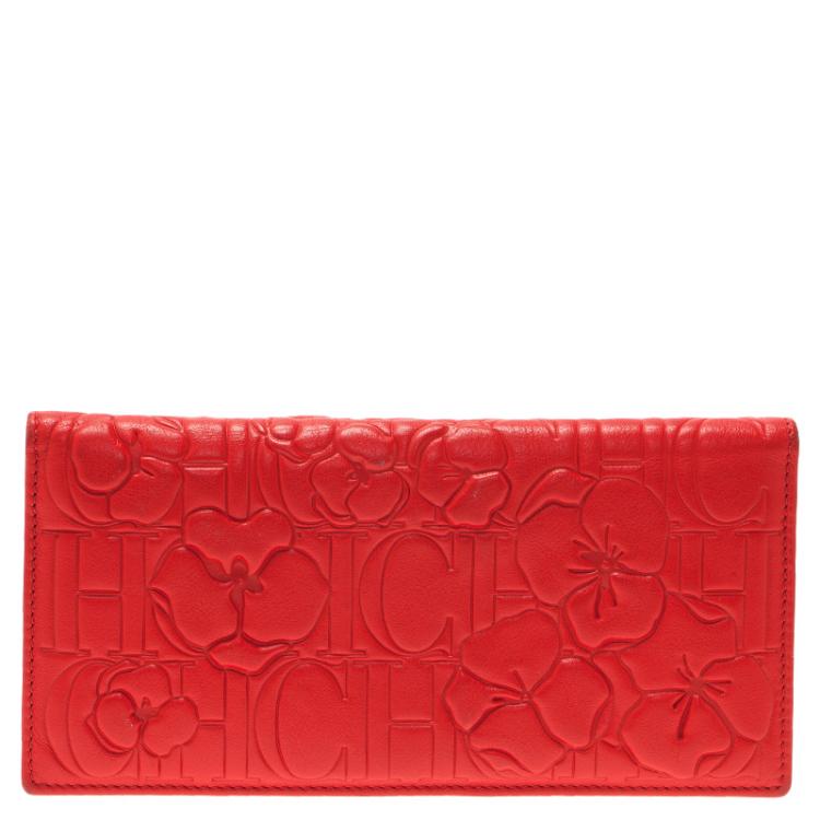 Pre Owned Carolina Herrera Rose Red Leather Logo Embossed Continental Flap Wallet 