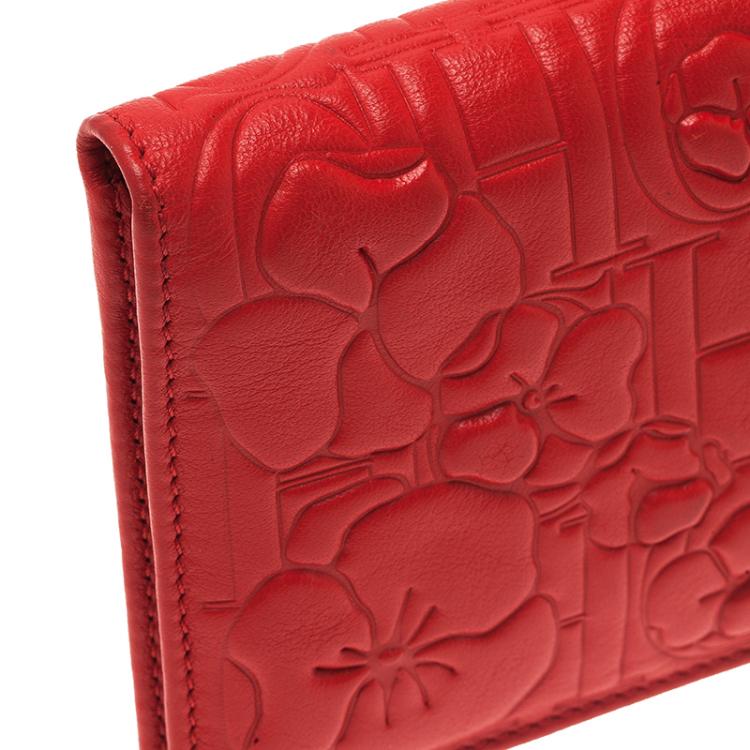 Pre Owned Carolina Herrera Rose Red Leather Logo Embossed Continental Flap Wallet 