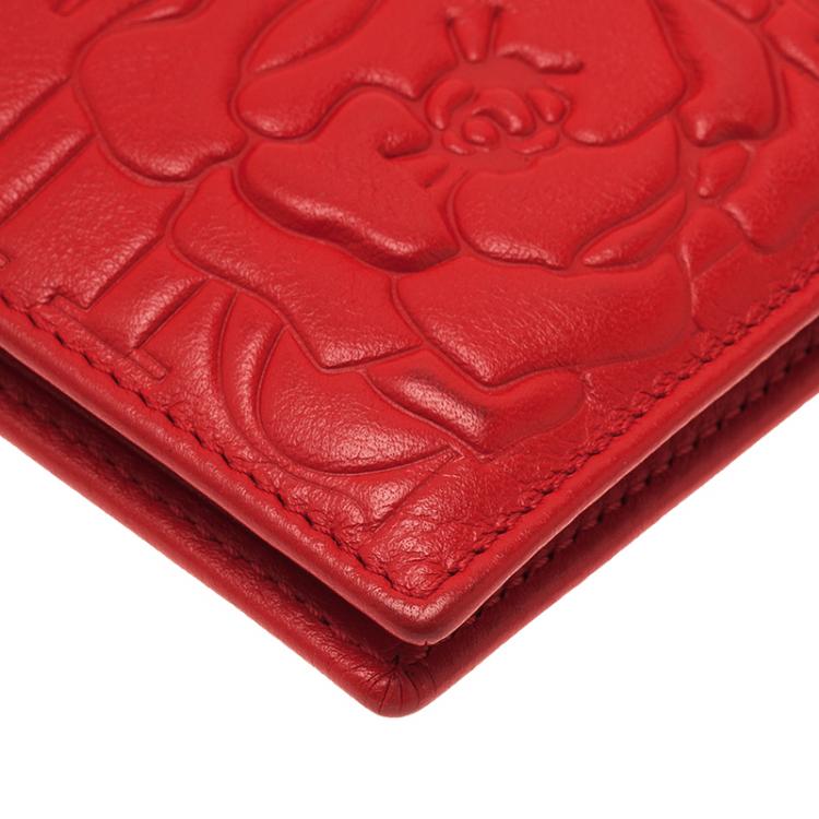 Pre Owned Carolina Herrera Rose Red Leather Logo Embossed Continental Flap Wallet 
