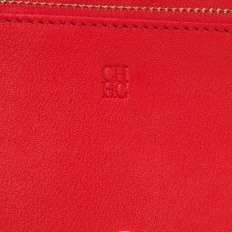 Pre Owned Carolina Herrera Rose Red Leather Logo Embossed Continental Flap Wallet 