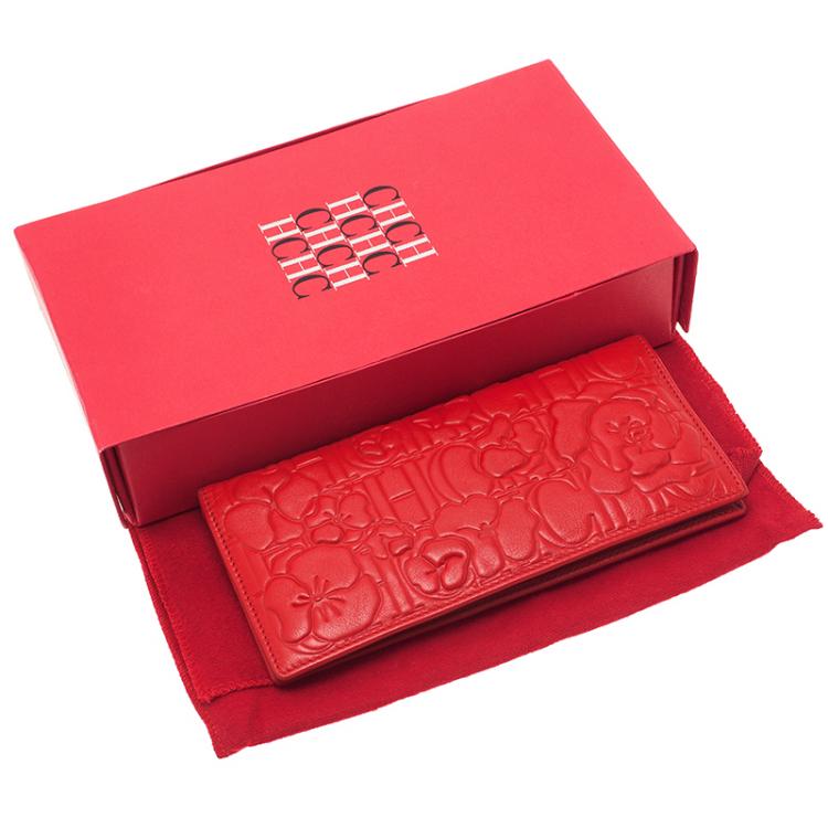 Pre Owned Carolina Herrera Rose Red Leather Logo Embossed Continental Flap Wallet 