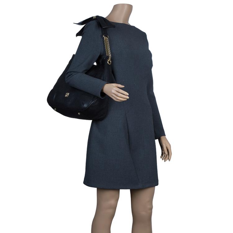 Pre Owned Carolina Herrera Black Leather Bow Hobo 