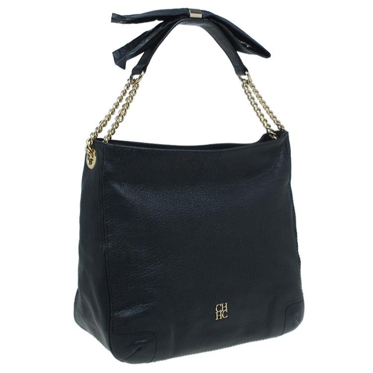 Pre Owned Carolina Herrera Black Leather Bow Hobo 