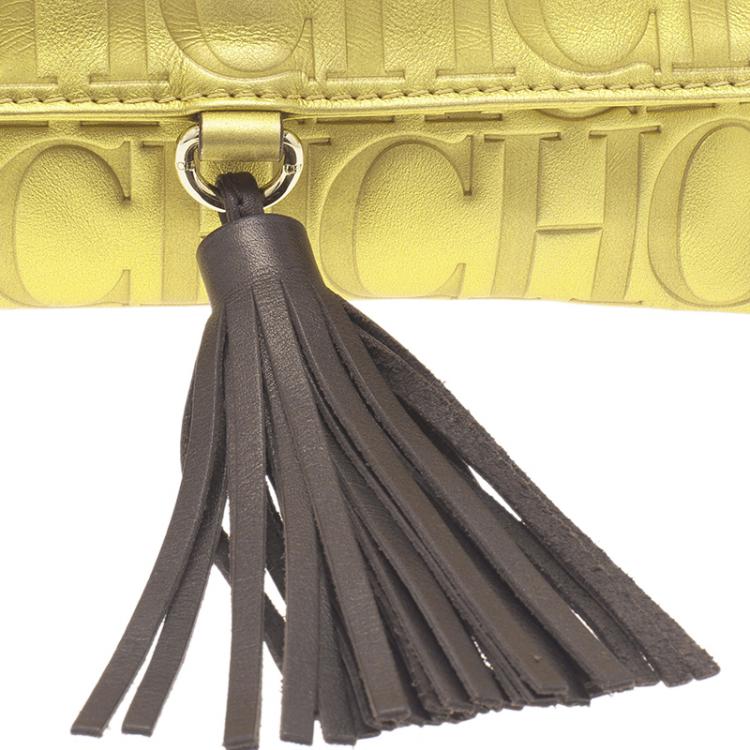 Pre Owned Carolina Herrera Gold Monogram Leather Tassel Clutch